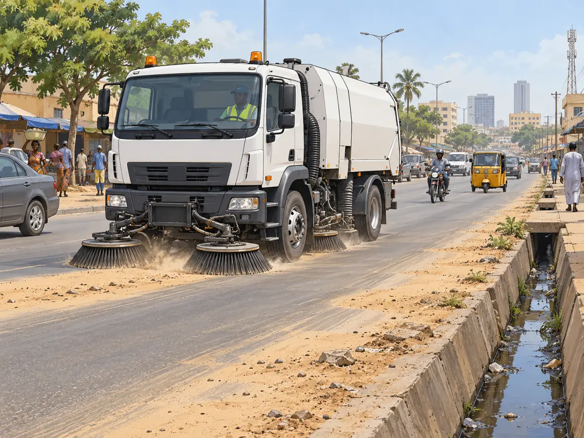 Illustration of a street sweeper working beside an open drain on a kerbless Nigerian urban road
