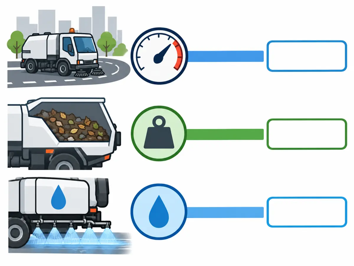 Illustrative municipal sweeping capacity worksheet showing route speed, debris load and water as separate limits