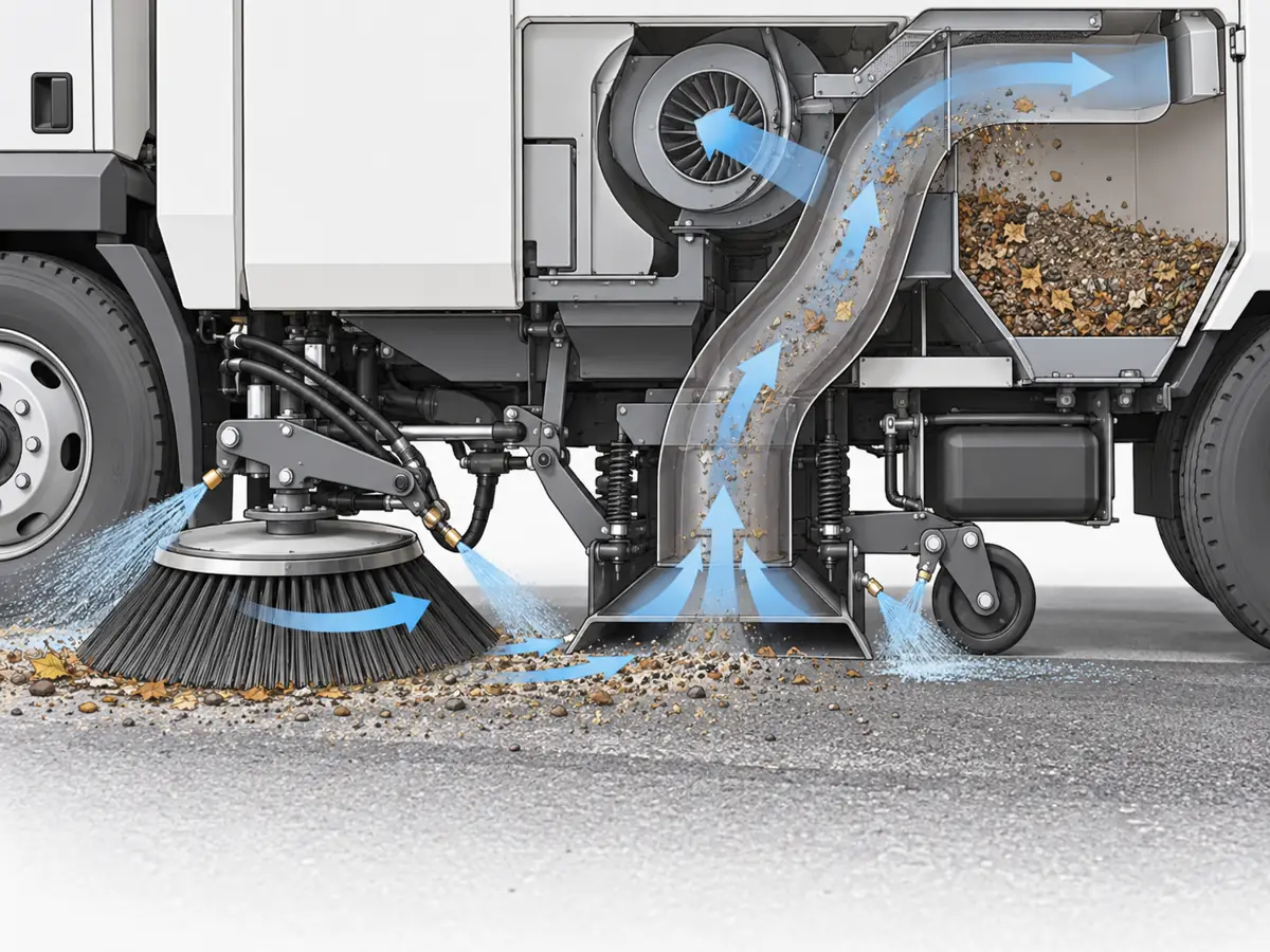 Illustrative cutaway of a street sweeper showing side brush, suction nozzle, airflow path and debris hopper